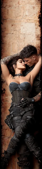 Free dark romance bookmark featuring a couple leaning back in dark denim tones